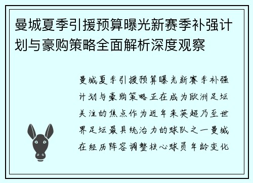曼城夏季引援预算曝光新赛季补强计划与豪购策略全面解析深度观察